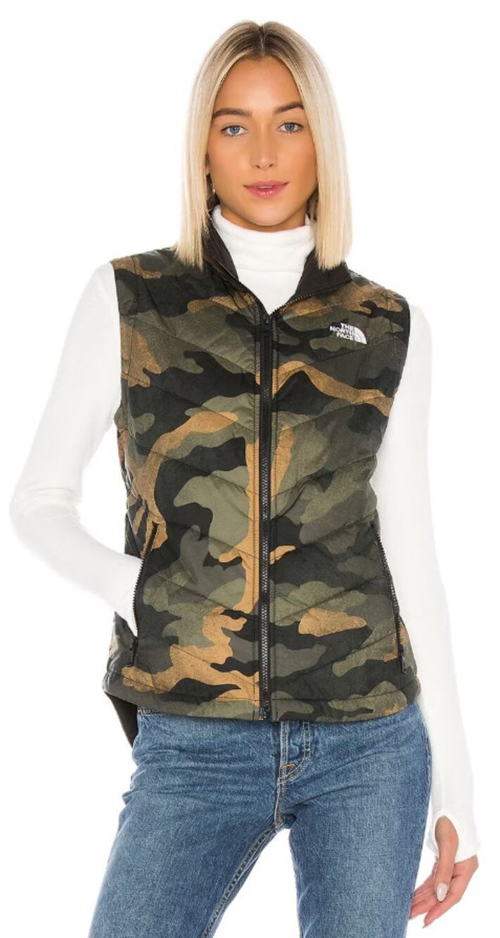 The North Face Tamburello Vest Burnt Olive Green Waxed Camo Print Womens XS